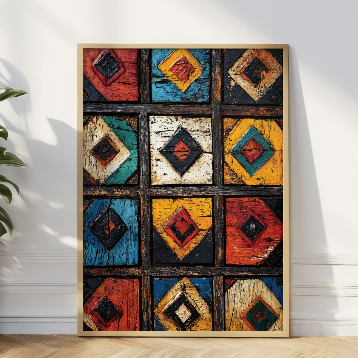 A framed wall art print leaning against a white wall on a light wood floor, showing a 4x3 grid of colorful geometric panels with distressed textures in red, blue, yellow, teal, black, and cream.