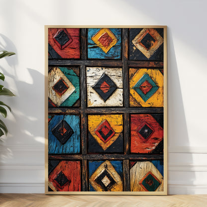 A framed wall art print leaning against a white wall on a light wood floor, showing a 4x3 grid of colorful geometric panels with distressed textures in red, blue, yellow, teal, black, and cream.