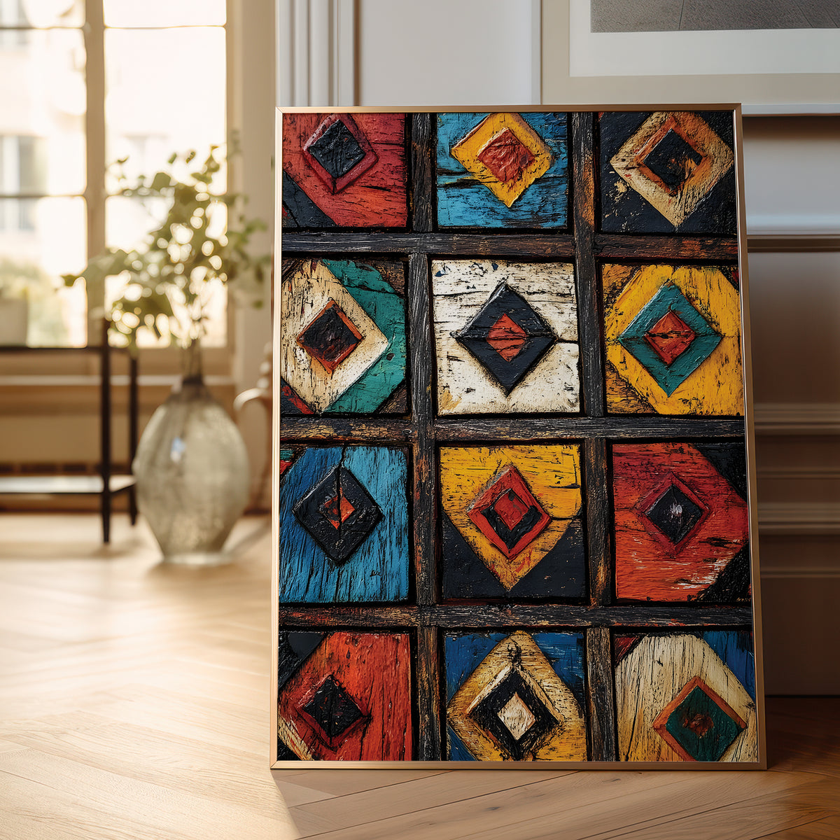 A framed square wall art print leaning against a light wood floor in a bright room. The artwork shows a grid of colorful geometric panels with distressed wood textures in red, blue, yellow, teal, black, and cream.