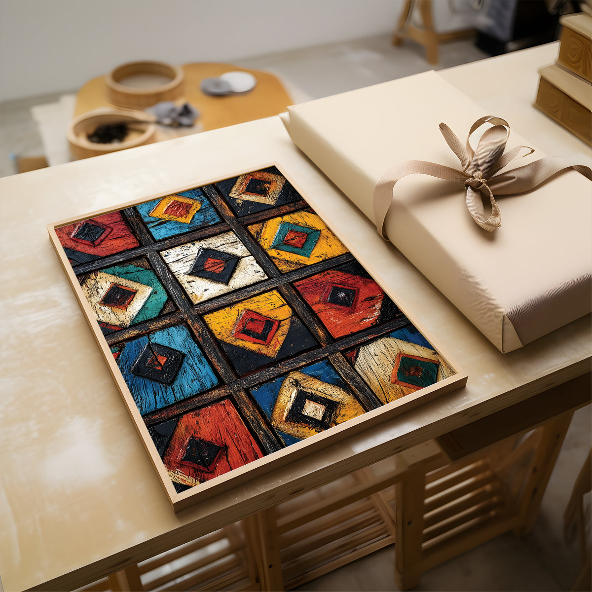 A framed abstract geometric art print with a colorful mosaic pattern of red, blue, yellow, and black squares, displayed on a light wood table next to a wrapped gift box.