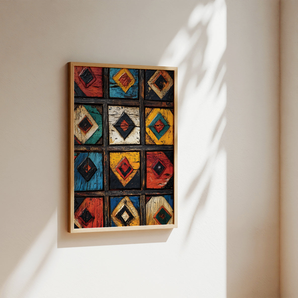 A framed wall art piece featuring a 3x5 grid of rustic wooden panels with colorful geometric diamond patterns, hanging on a warm beige wall with soft sunlight and leaf shadows.