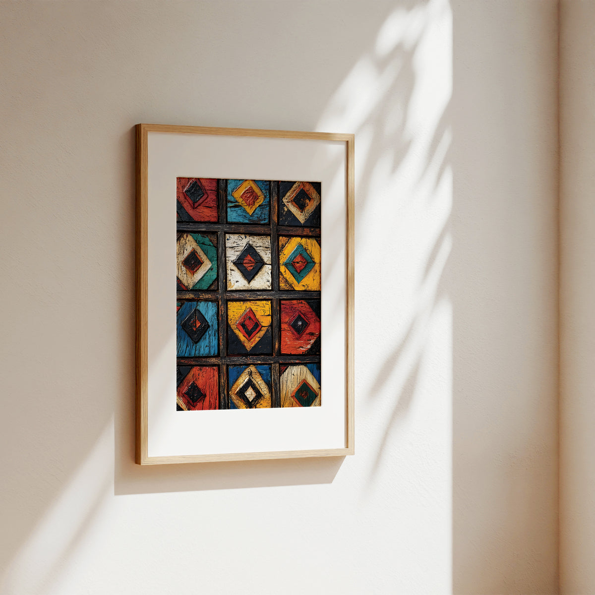 Framed wall art featuring a colorful geometric quilt-like pattern, hung on a warm beige wall with soft sunlight and leaf shadows casting across it.