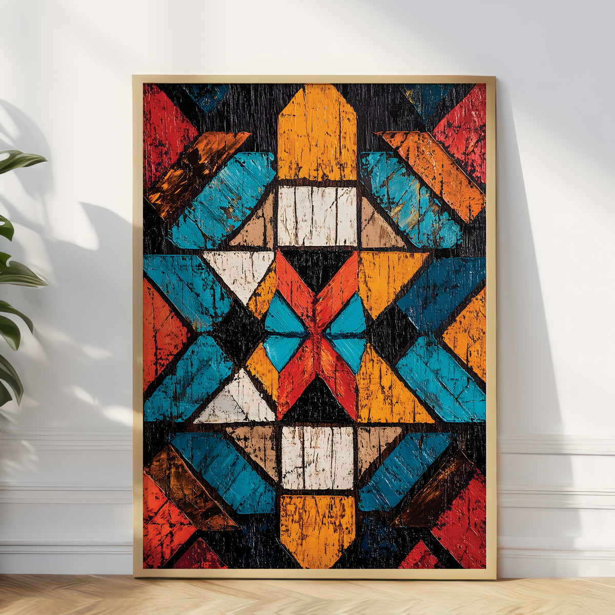 A framed abstract geometric wall art print leaning against a white wall on a light wood floor, with a plant partially visible at the left edge. The artwork features a colorful patchwork of orange, teal, red, black, and cream shapes with a distressed wood texture, enclosed in a light natural wood frame.