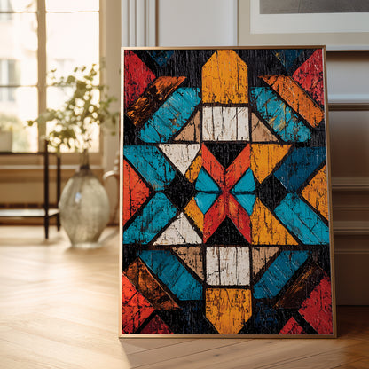 A framed geometric art print with a colorful distressed wood-grain pattern, leaning against a light-colored wall on a wooden floor in a bright, modern room.