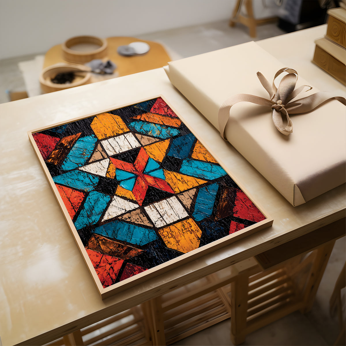 A framed colorful geometric art print featuring a stained-glass-inspired star pattern in blue, orange, red, black, and white, displayed on a light wood table next to a wrapped gift box.