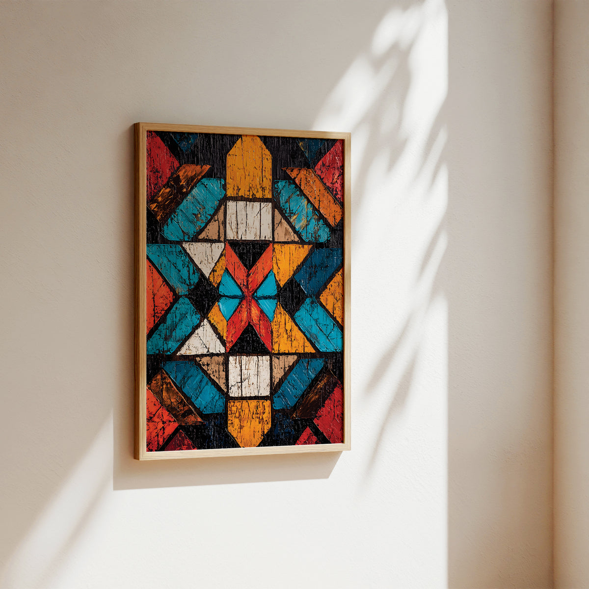 A framed geometric art print featuring a colorful symmetrical pattern with teal, orange, red, black, and beige shapes, hanging on a warm beige wall with soft sunlight and leaf shadows.