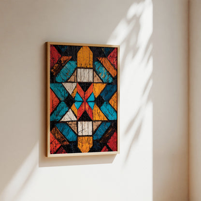 A framed geometric art print featuring a colorful symmetrical pattern with teal, orange, red, black, and beige shapes, hanging on a warm beige wall with soft sunlight and leaf shadows.