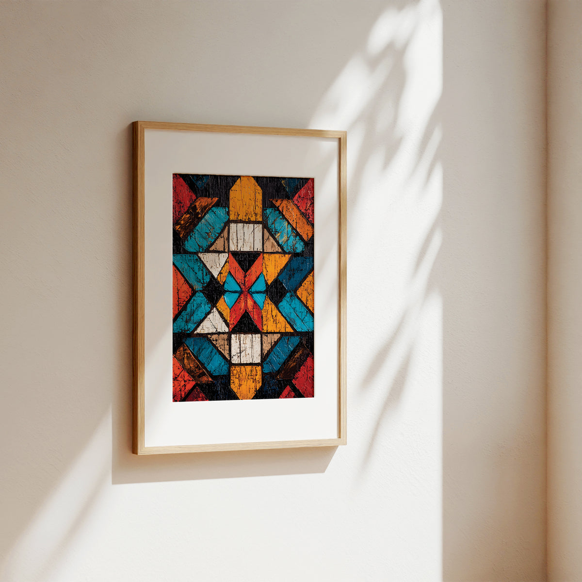 A framed art print featuring a colorful geometric pattern, hanging on a warm beige wall with soft sunlight and leaf shadows casting across it.