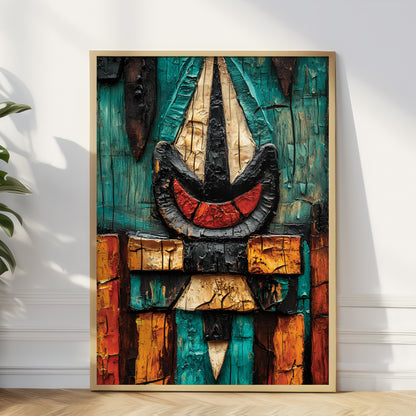 Vibrant Mesoamerican sailor motif art print with intricate carved details. Bold cultural design on matte paper. Unique wall décor. 