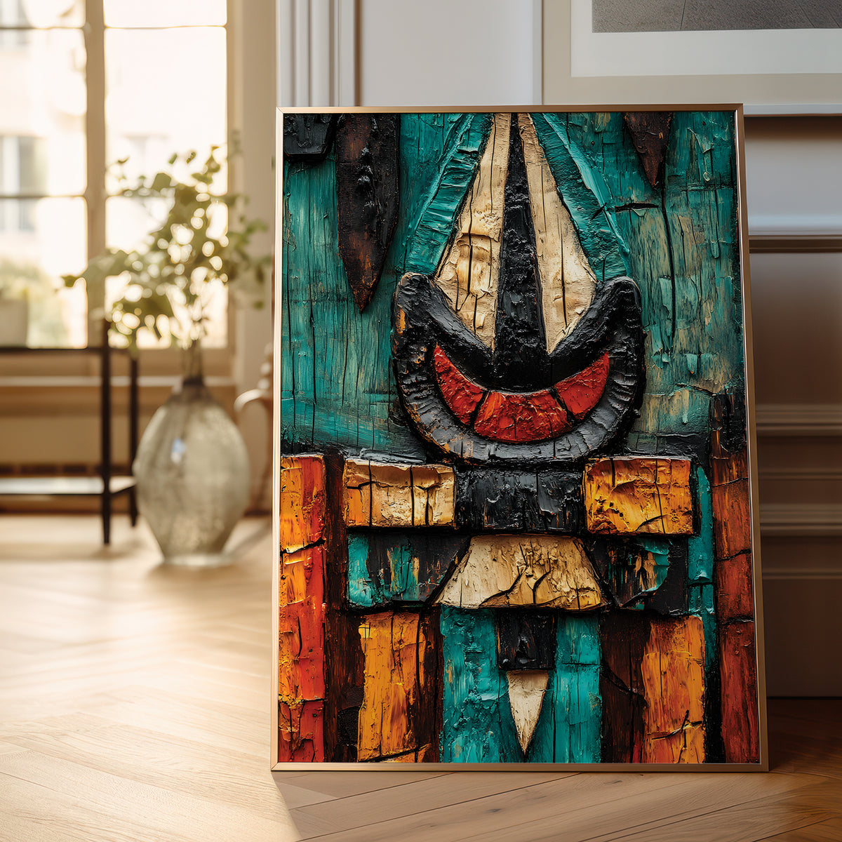 A framed abstract art print leaning against a wall on a light wood floor in a bright room. The artwork features a textured, cracked surface with teal, black, cream, red, and orange tones arranged in a stylized, geometric composition.
