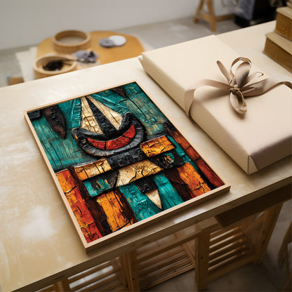 A framed abstract art print featuring a stylized face in teal, black, red, orange, and cream tones, displayed on a light wood table next to a beige gift box with a ribbon.