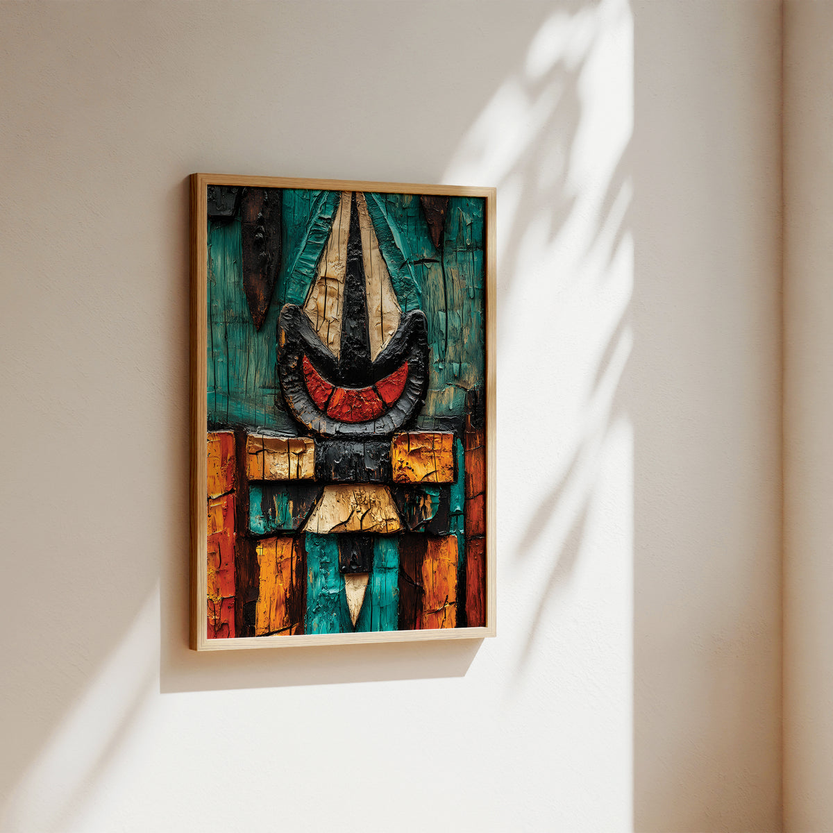 A framed abstract art print featuring a stylized face with teal, black, red, and orange painted textures, hanging on a warm beige wall with soft sunlight and leaf shadows.