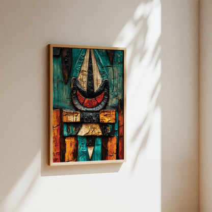A framed abstract art print featuring a stylized face with teal, black, red, and orange painted textures, hanging on a warm beige wall with soft sunlight and leaf shadows.