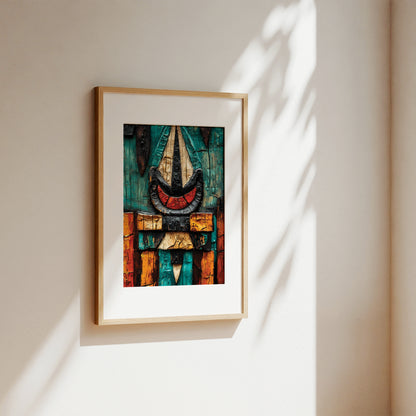 A framed abstract art print featuring a colorful geometric design in teal, red, orange, and brown tones, displayed on a warm beige wall with soft leaf shadows cast across it.
