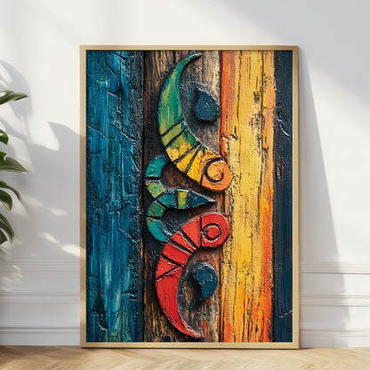 A framed abstract art print featuring a stylized floral ornament in bold red, yellow, blue, black, and white brushstrokes, leaning against a white wall on a light wood floor with a plant visible at the left edge.