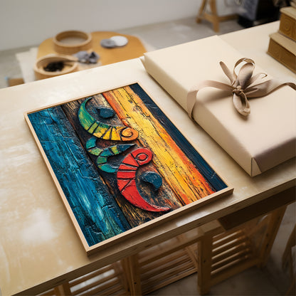 A framed abstract art print featuring a stylized floral ornament in bold red, yellow, blue, black, and white brushstrokes, leaning against a white wall on a light wood floor with a plant visible at the left edge.