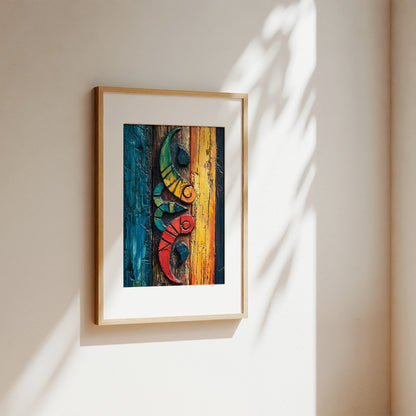 A framed abstract art print featuring a stylized floral ornament in bold red, yellow, blue, black, and white brushstrokes, leaning against a white wall on a light wood floor with a plant visible at the left edge.