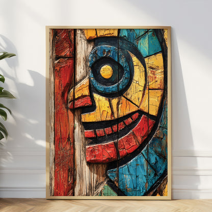 A framed abstract art print featuring a stylized face in bold red, yellow, blue, black, and white brushstrokes, leaning against a white wall on a light wood floor with a plant visible at the left edge.