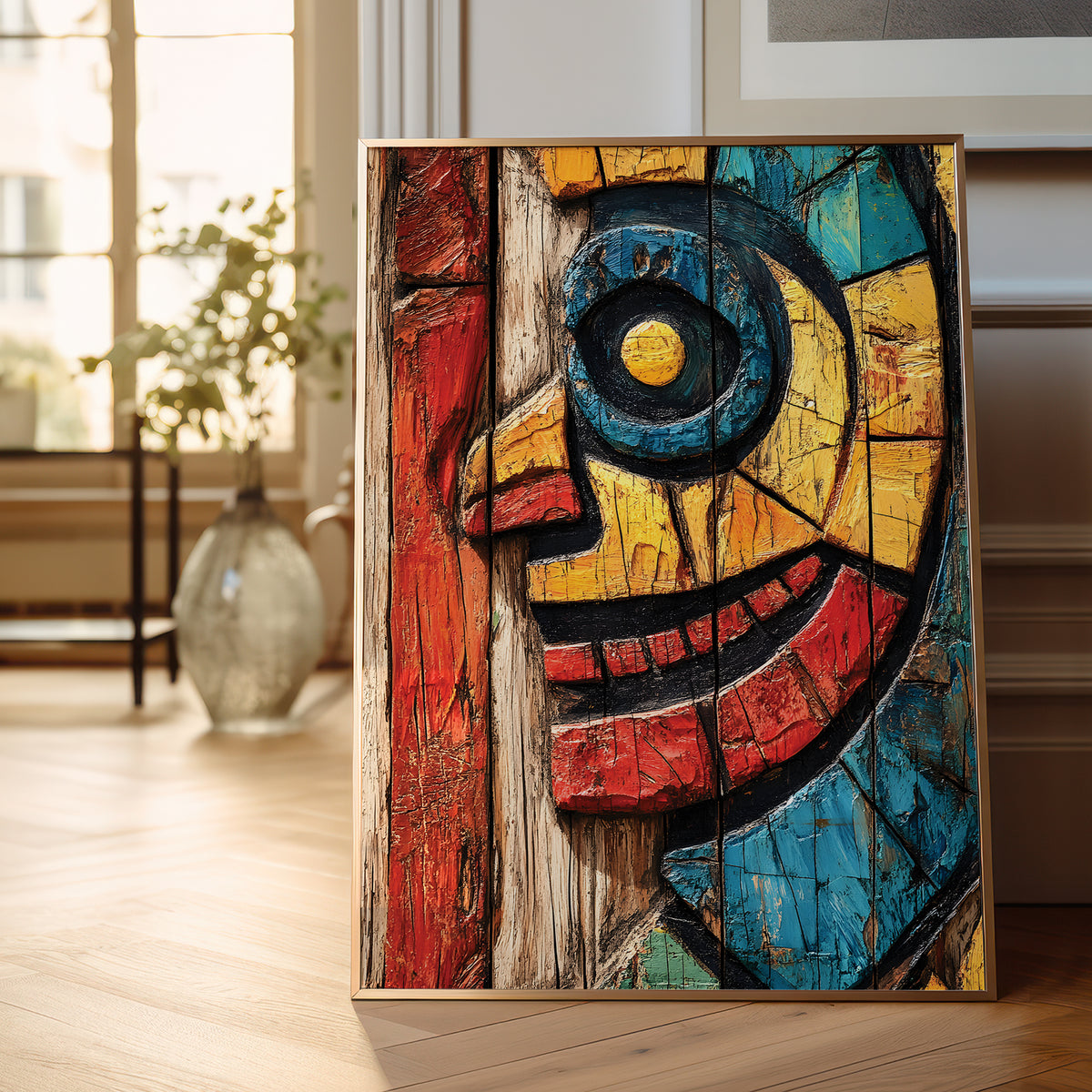 A framed abstract mosaic-style wall art piece leaning against a wall on a light wood floor in a bright interior. The artwork features bold geometric shapes and expressive brushstrokes in blue, yellow, red, black, and beige tones.