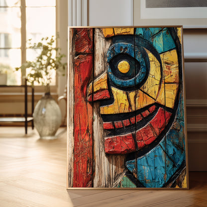 A framed abstract mosaic-style wall art piece leaning against a wall on a light wood floor in a bright interior. The artwork features bold geometric shapes and expressive brushstrokes in blue, yellow, red, black, and beige tones.