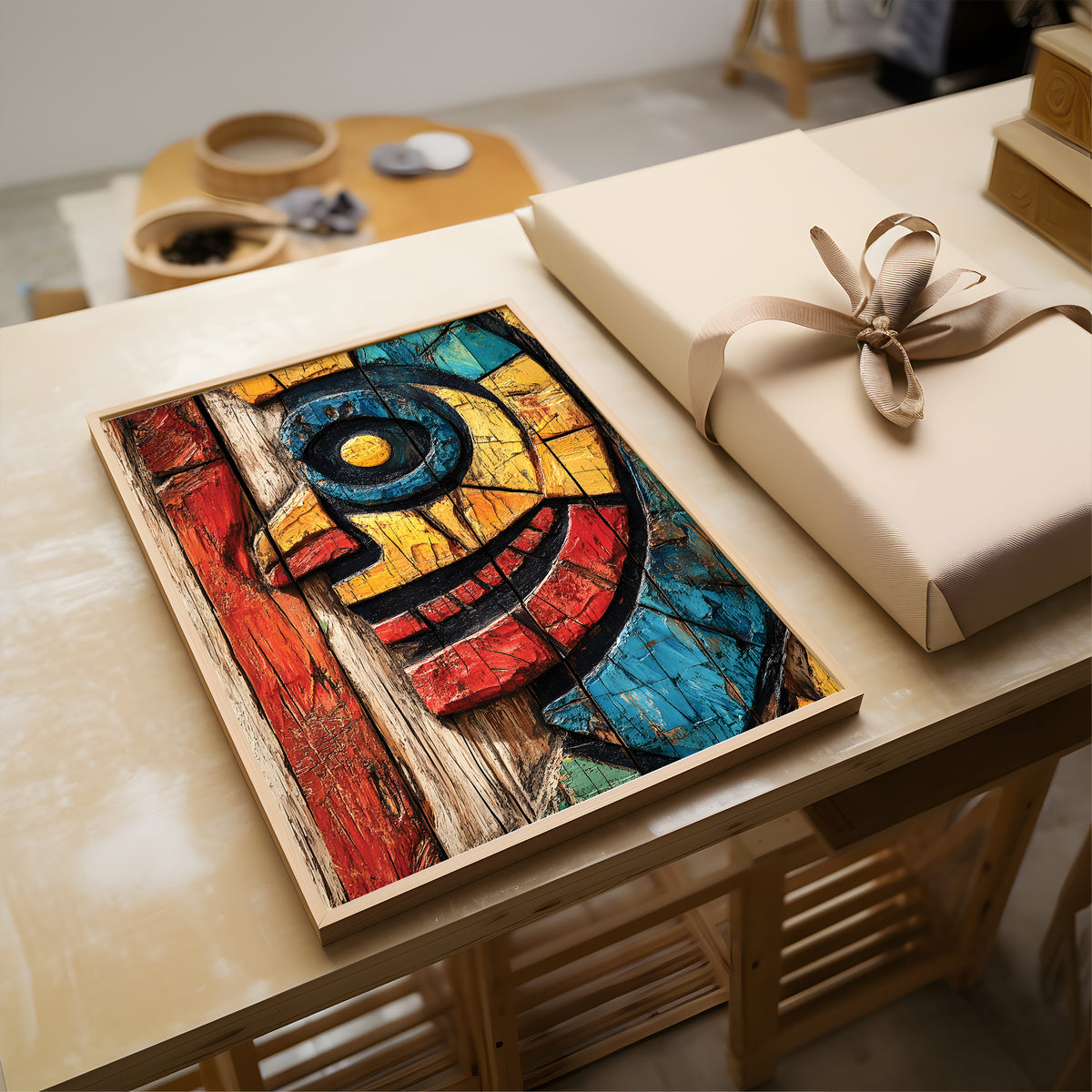 A colorful abstract wooden art plaque with a stylized face design, displayed on a light wood table next to a wrapped gift box.