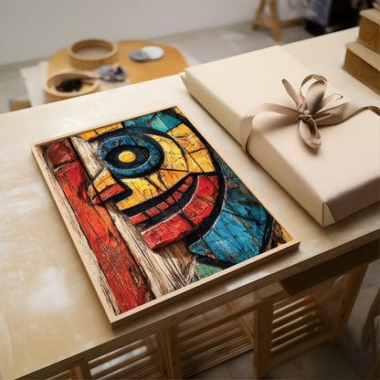 A colorful abstract wooden art plaque with a stylized face design, displayed on a light wood table next to a wrapped gift box.