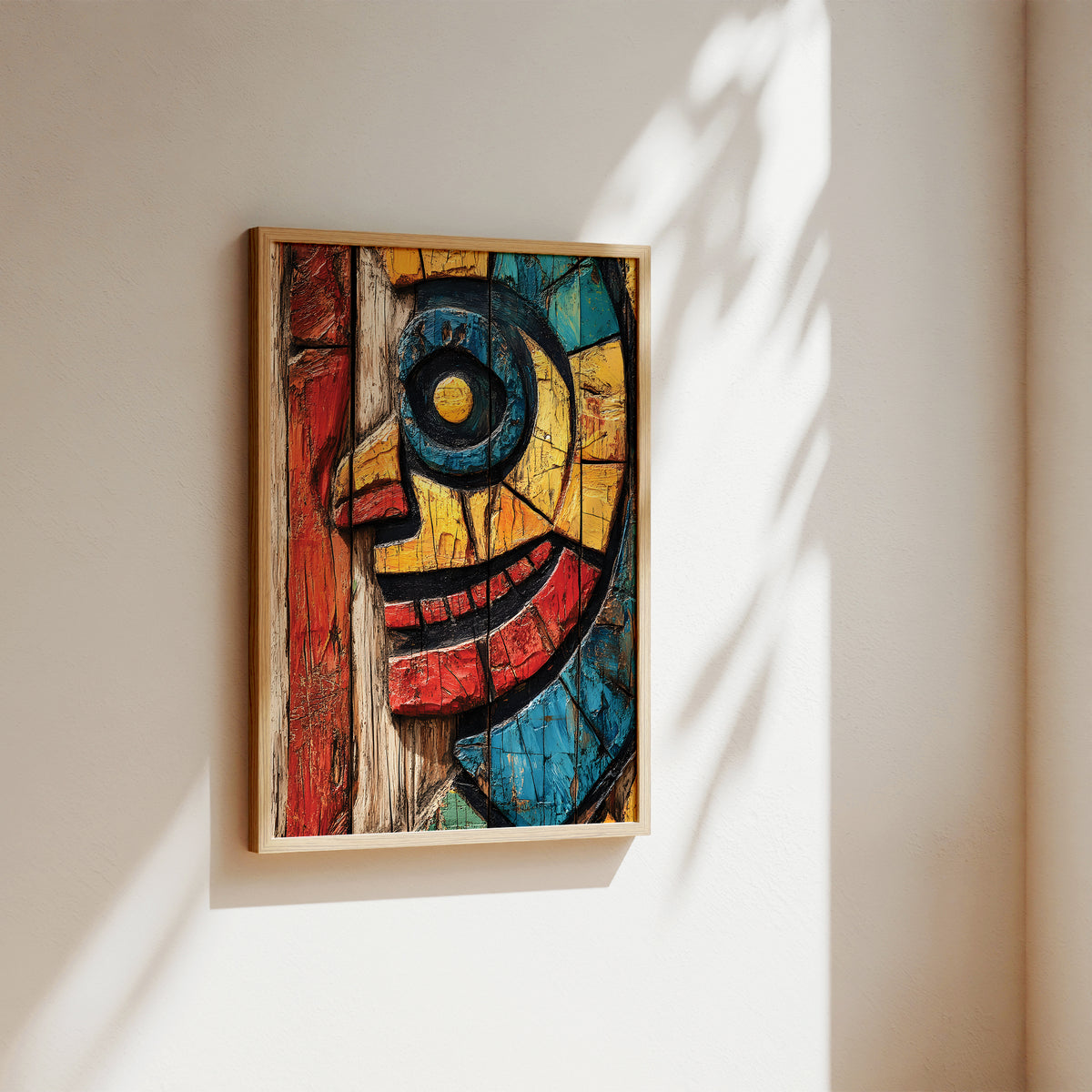 A framed abstract art print featuring a stylized face in bold red, yellow, blue, and black tones, hung on a warm beige wall with soft sunlight and leaf shadows.