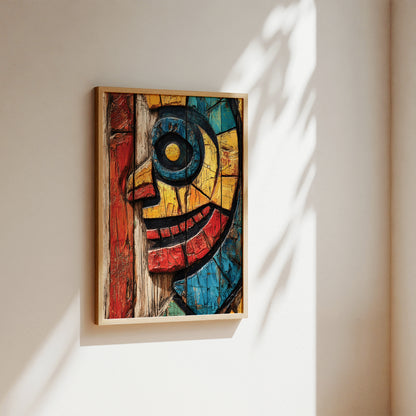 A framed abstract art print featuring a stylized face in bold red, yellow, blue, and black tones, hung on a warm beige wall with soft sunlight and leaf shadows.