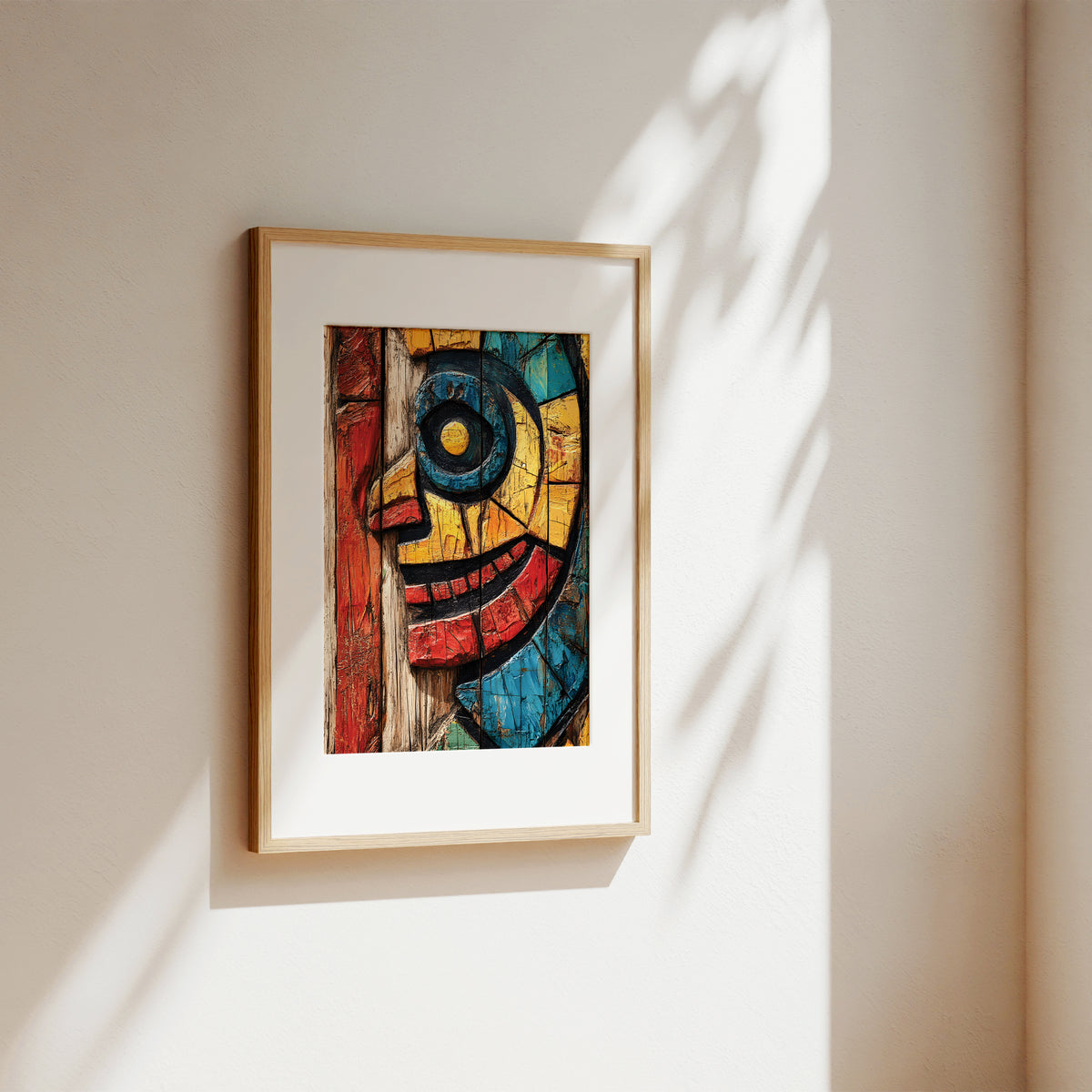 A framed abstract art print featuring a colorful, mosaic-style face with blue, yellow, red, and black details, mounted on a warm beige wall with soft sunlight and leaf shadows.