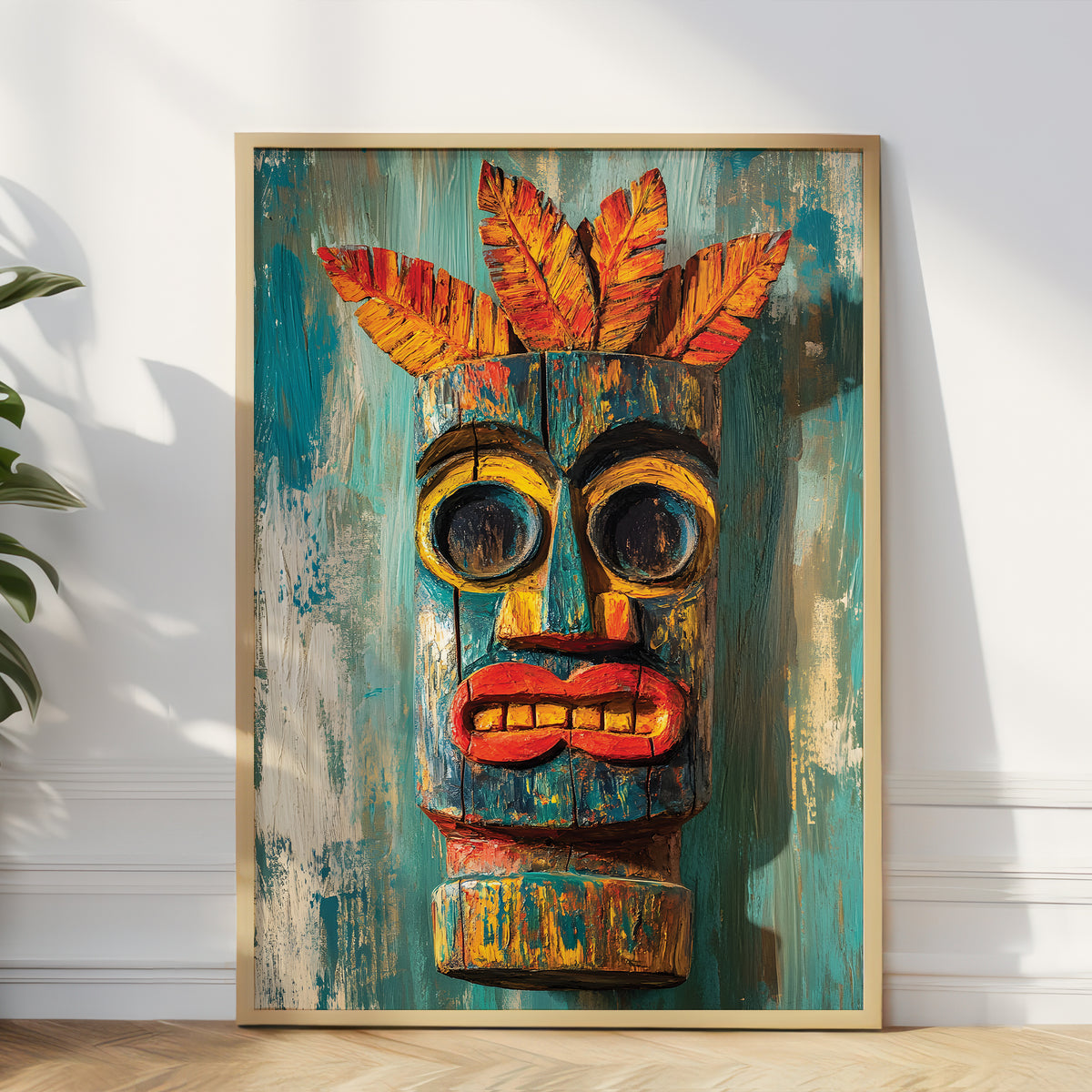 A framed vertical art print featuring a colorful painted tiki mask with orange and red feathers on a distressed teal background, leaning against a white wall on a light wood floor.