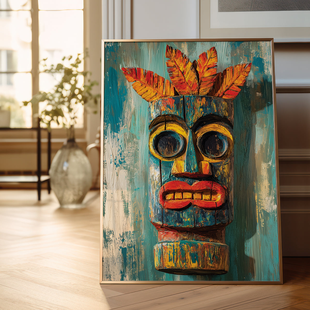 A framed vertical canvas print featuring a stylized painted tiki mask with a turquoise and weathered wood background, red lips, yellow eyes, and orange-yellow leaves on top, leaning against an indoor wall on a light wood floor.