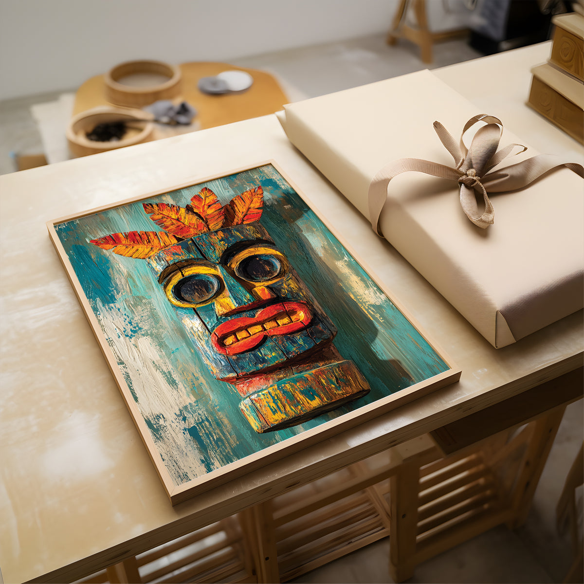 A colorful painted wooden mask artwork displayed on a light wood table next to a wrapped gift box with a beige ribbon. The artwork features a stylized mask with turquoise, red, yellow, and orange details.