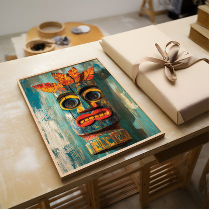 A colorful painted wooden mask artwork displayed on a light wood table next to a wrapped gift box with a beige ribbon. The artwork features a stylized mask with turquoise, red, yellow, and orange details.