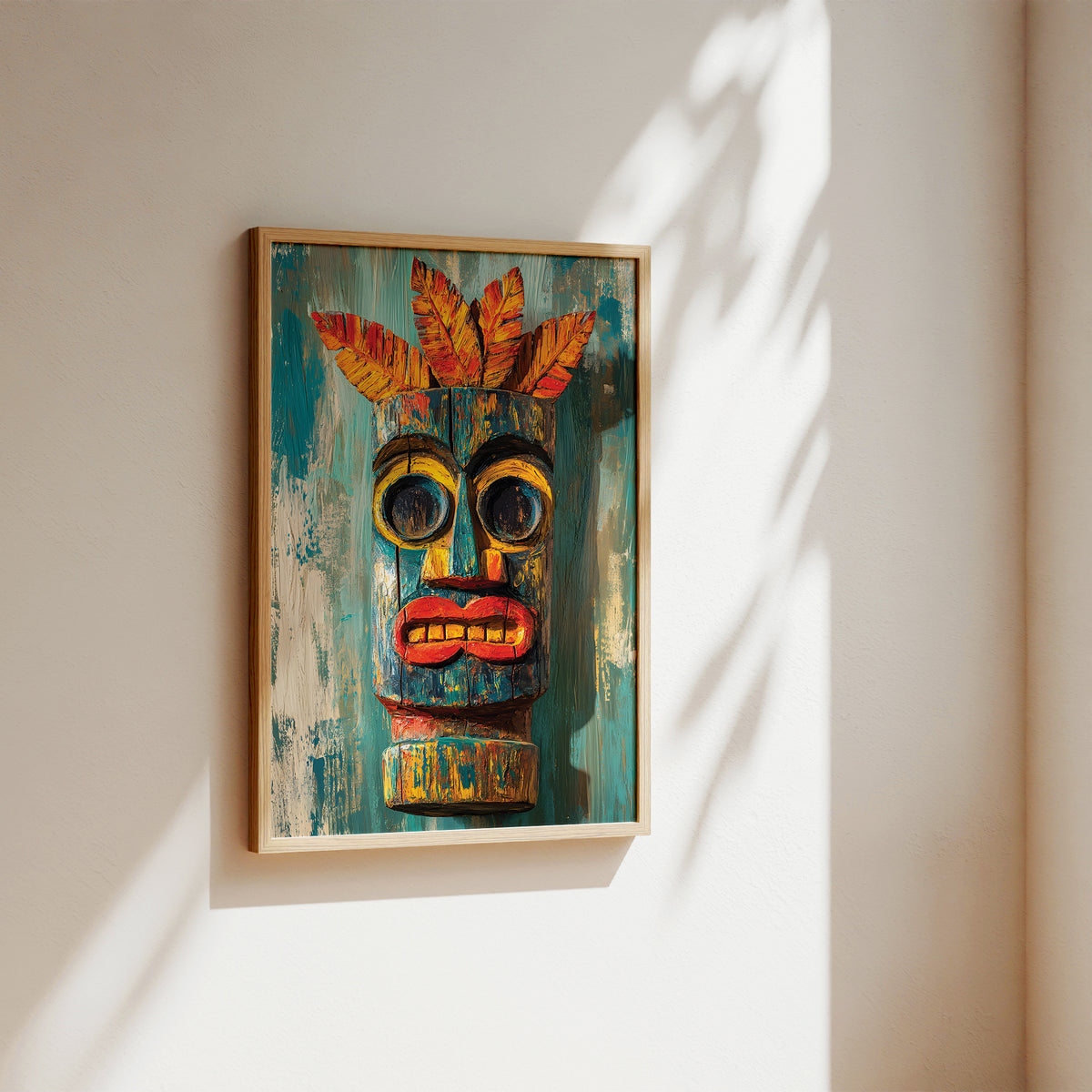 A framed colorful tiki-style wall art piece hanging on a warm off-white wall, with sunlight casting leaf shadows across the surface.