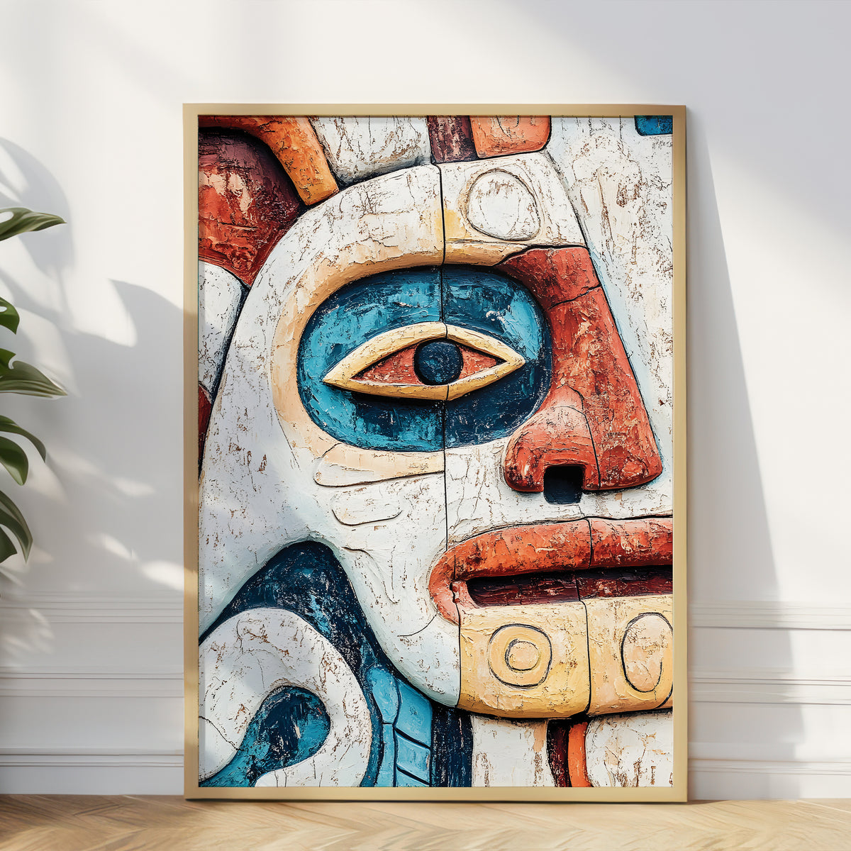 A framed art print featuring a stylized, weathered indigenous-style face with blue, terracotta orange, cream, and brown tones, leaning against a white wall on a light wood floor next to a green plant.