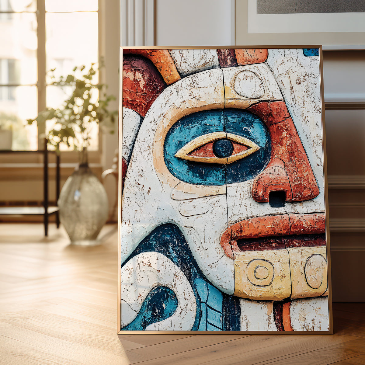 A framed vertical art print leaning against a wall on a light wood floor in a bright room. The artwork depicts a stylized face with a large blue eye, cream and orange painted sections, and a distressed textured finish.