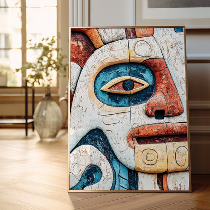 A framed vertical art print leaning against a wall on a light wood floor in a bright room. The artwork depicts a stylized face with a large blue eye, cream and orange painted sections, and a distressed textured finish.