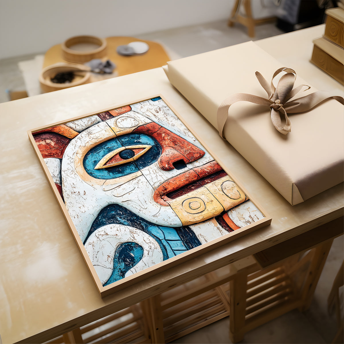 A framed abstract art print with a stylized face design in blue, red, cream, and brown tones, displayed on a wooden table next to a wrapped gift box with a beige ribbon.