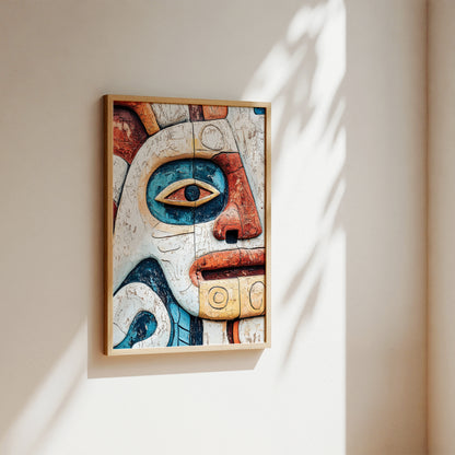 A framed art print featuring a stylized, colorful indigenous-style face design, hanging on a warm beige wall with soft sunlight and leaf shadows cast across it.
