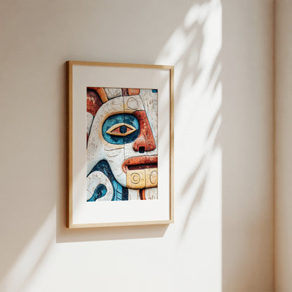 A framed art print featuring a colorful, stylized indigenous face design, hung on a warm beige wall with soft, dappled sunlight casting leaf shadows.