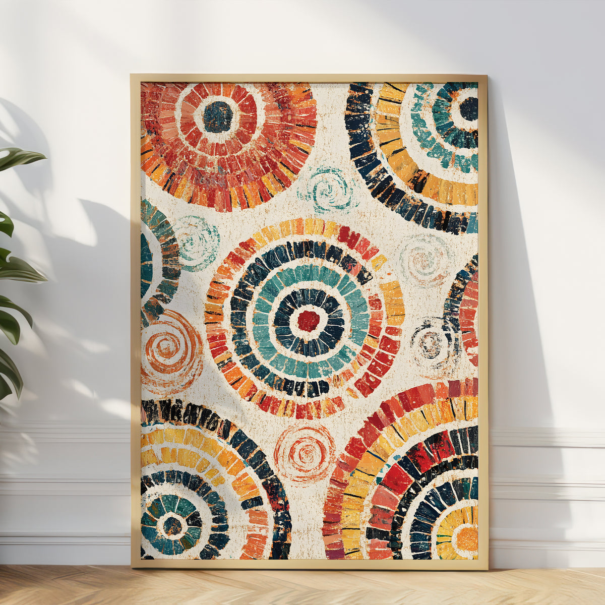 A framed abstract art print featuring colorful concentric circular patterns in red, orange, yellow, teal, and black on a cream background, leaning against a white wall on a light wood floor.