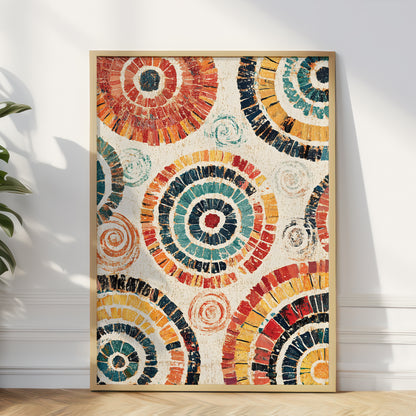 A framed abstract art print featuring colorful concentric circular patterns in red, orange, yellow, teal, and black on a cream background, leaning against a white wall on a light wood floor.