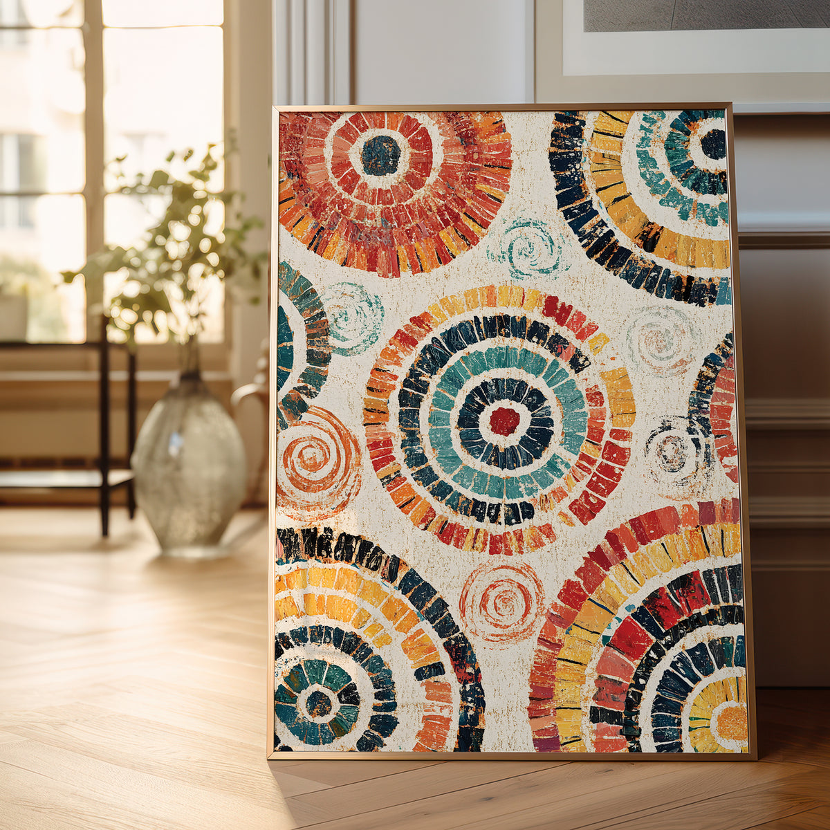 A framed abstract mosaic art print featuring colorful concentric circular patterns in red, orange, yellow, teal, and dark blue on a textured cream background, leaning against a wall in a bright, modern room.