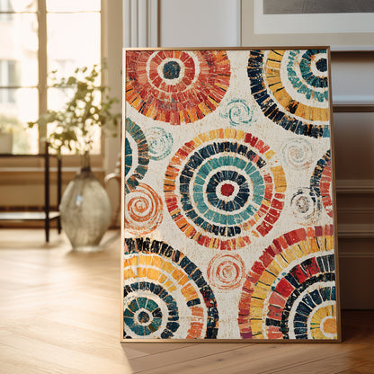 A framed abstract mosaic art print featuring colorful concentric circular patterns in red, orange, yellow, teal, and dark blue on a textured cream background, leaning against a wall in a bright, modern room.