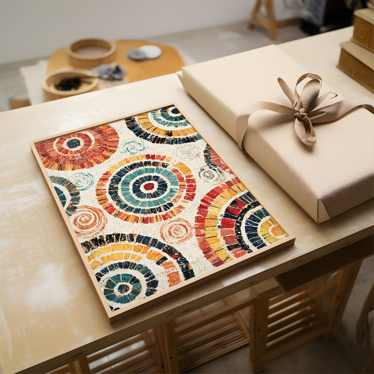 A framed square art print with colorful concentric spiral patterns in red, blue, yellow, orange, and green, displayed on a light wood table next to a beige gift box with a ribbon.