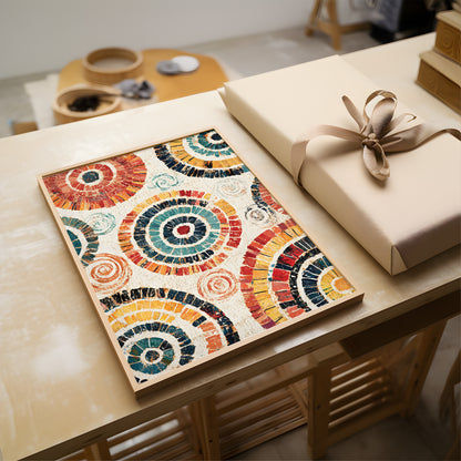 A framed square art print with colorful concentric spiral patterns in red, blue, yellow, orange, and green, displayed on a light wood table next to a beige gift box with a ribbon.