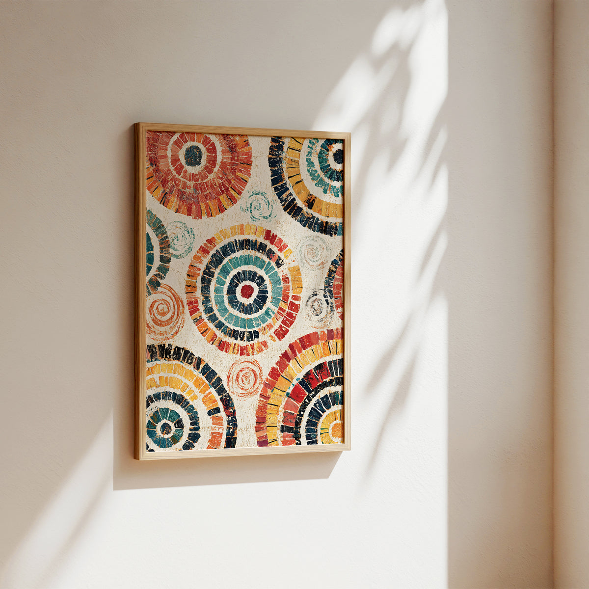 A framed abstract art print featuring colorful concentric circular patterns, hanging on a warm beige wall with soft sunlight and leaf shadows cast across it.