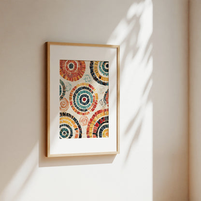 A framed art print featuring colorful circular mosaic patterns, hung on a warm beige wall with soft sunlight and leaf shadows casting across it.