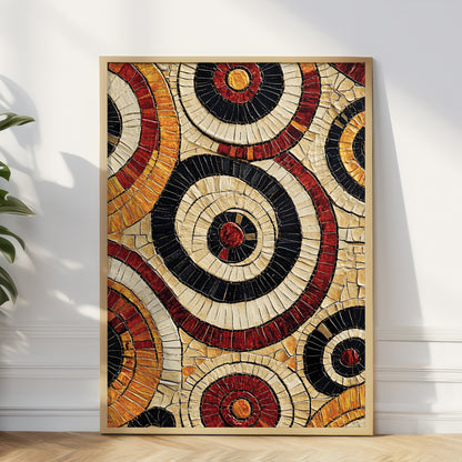Framed abstract wall art featuring concentric circular mosaic-style patterns in cream, black, red, orange, and brown, leaning against a white wall on a wood floor with a plant partially visible at left.