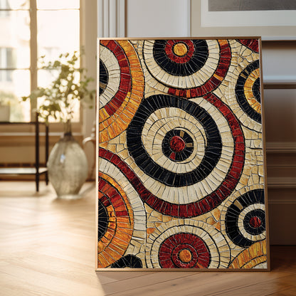A framed mosaic art print featuring concentric circular and wavy patterns in black, cream, red, and gold, leaning against a wall on a light wood floor in a softly lit room.